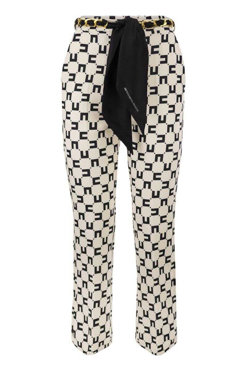 Elisabetta Franchi ELISABETTA FRANCHI Logo print stretch crepe trousers with foulard belt BUTTER/BLACK