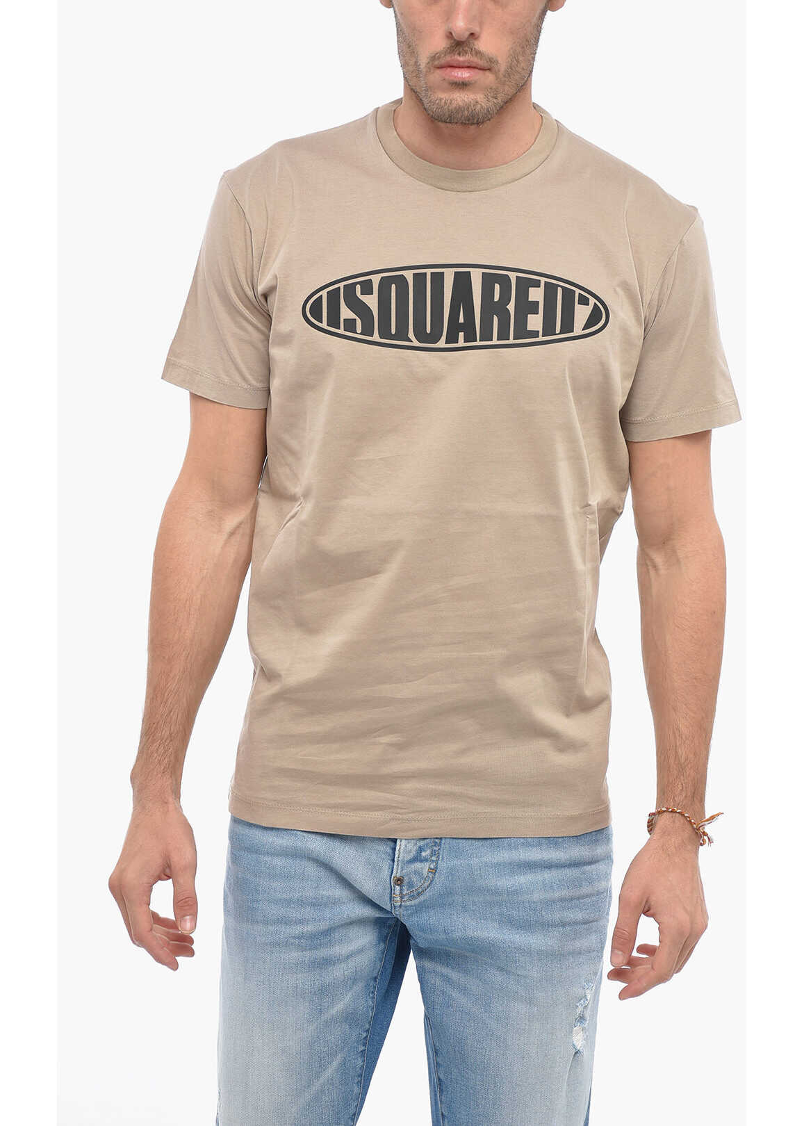 DSQUARED2 Crew Neck Surf Board T-Shirt With Embossed Logo Beige