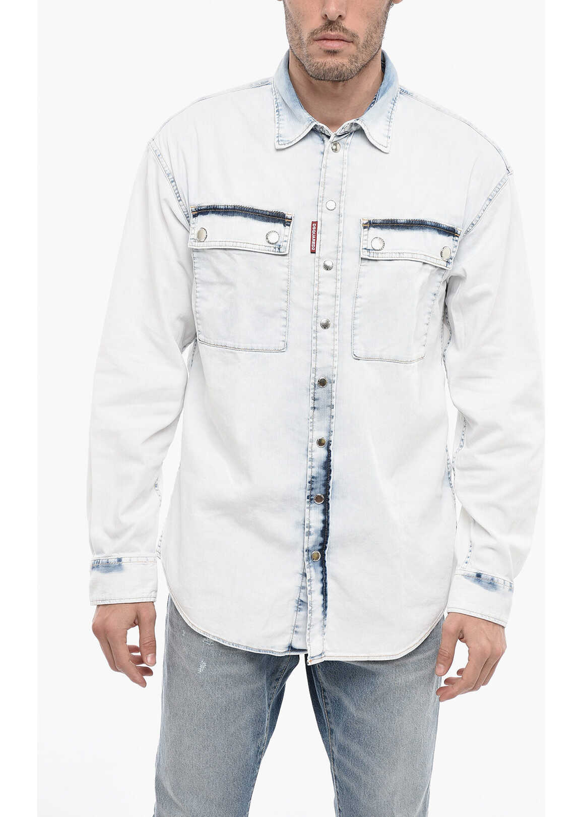 DSQUARED2 Stone Washed Denim Shirt With Snap Buttons Light Blue