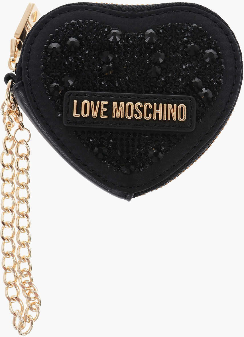 Moschino Love Heart-Shaped Coin Purse Embellished With Rhinestones Black