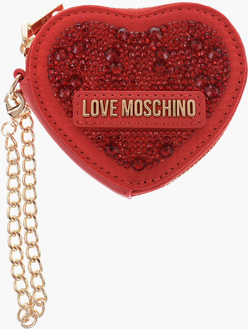 Moschino Love Heart-Shaped Coin Purse Embellished With Rhinestones Red