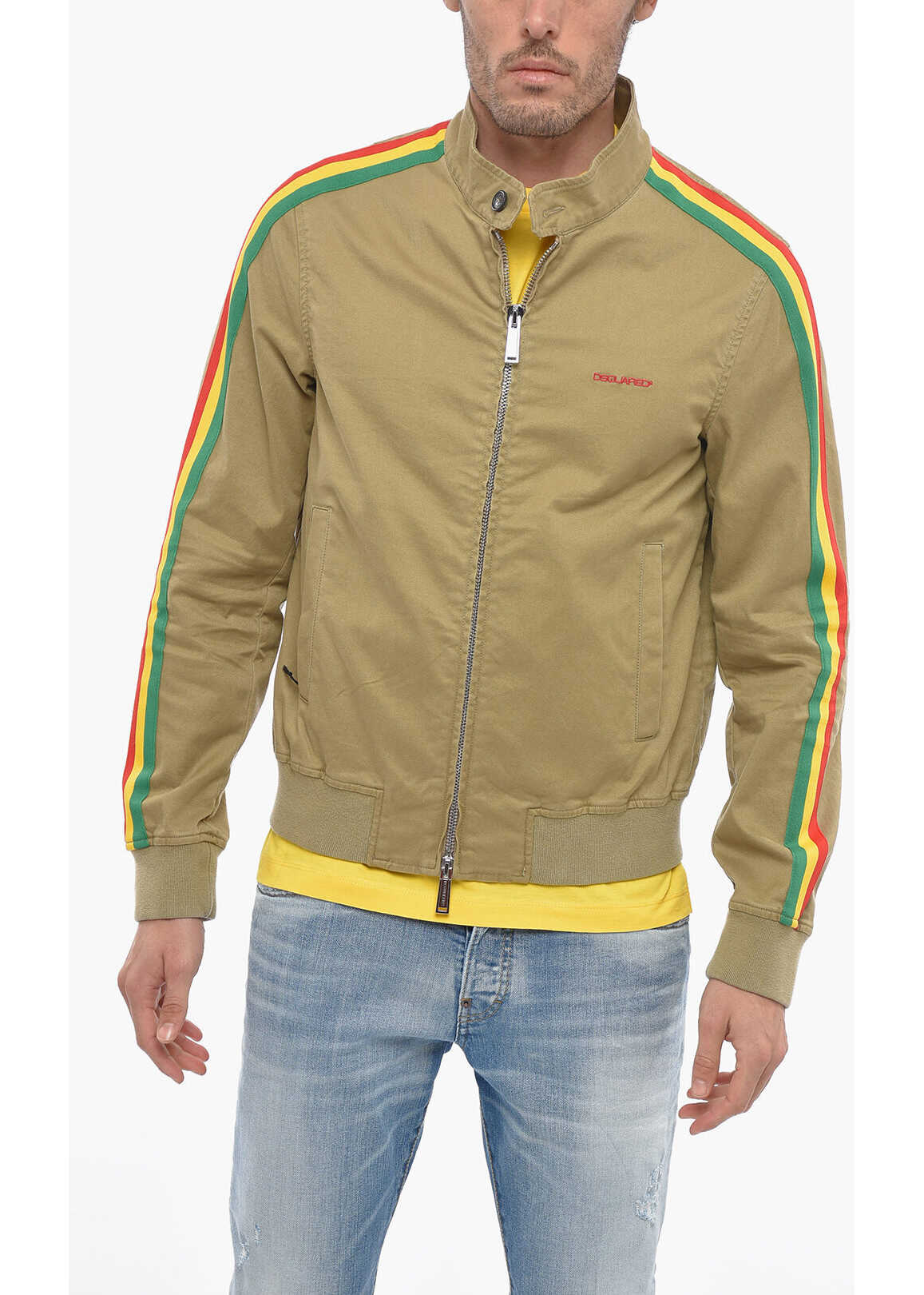 DSQUARED2 Stretch Cotton Bomber Jacket With Contrasting Three-Tone Ban Beige