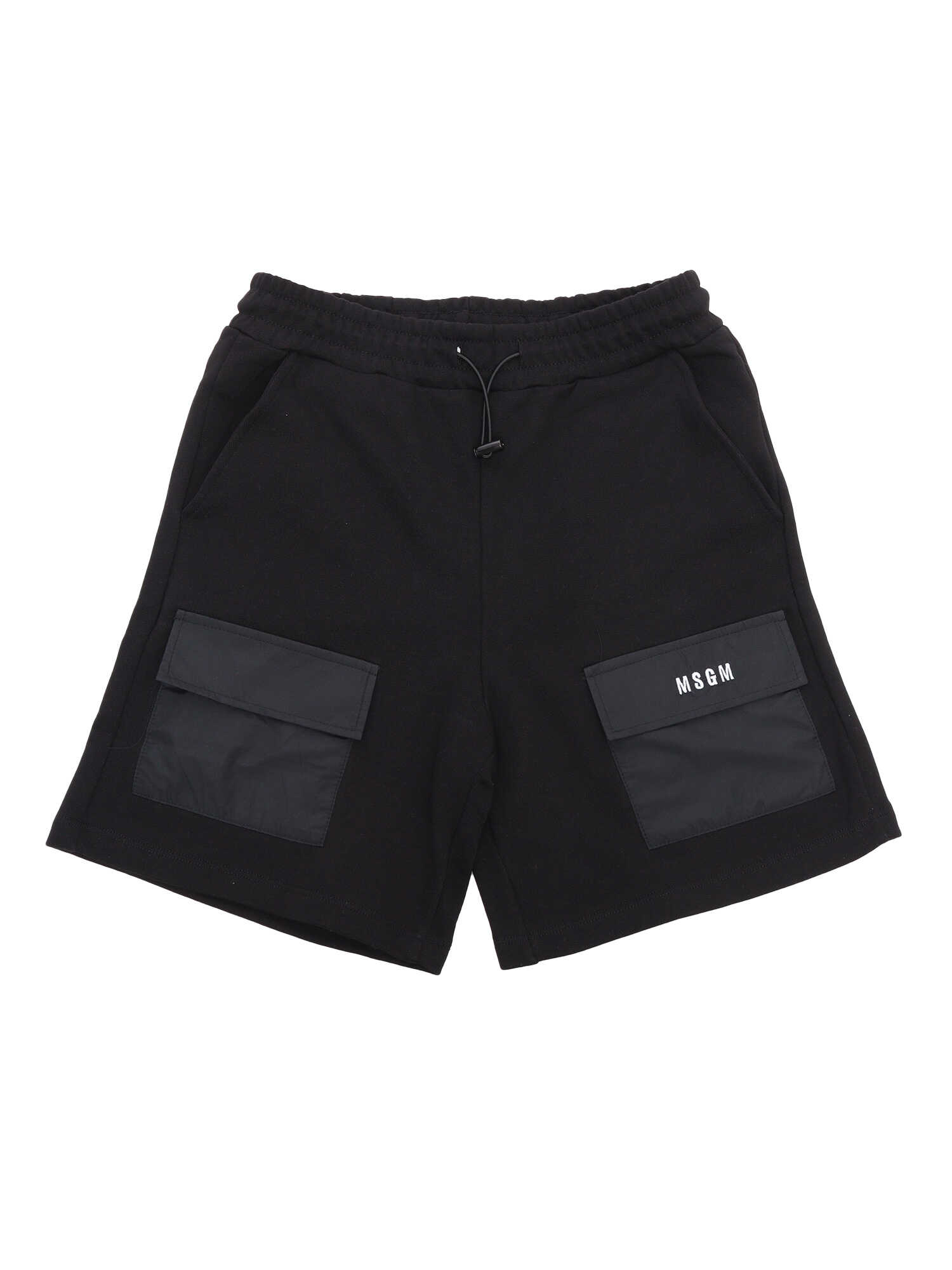 MSGM MSGM black shorts for girls with patch pockets on the front, elastic waistband with drawstring, welt pockets. Black