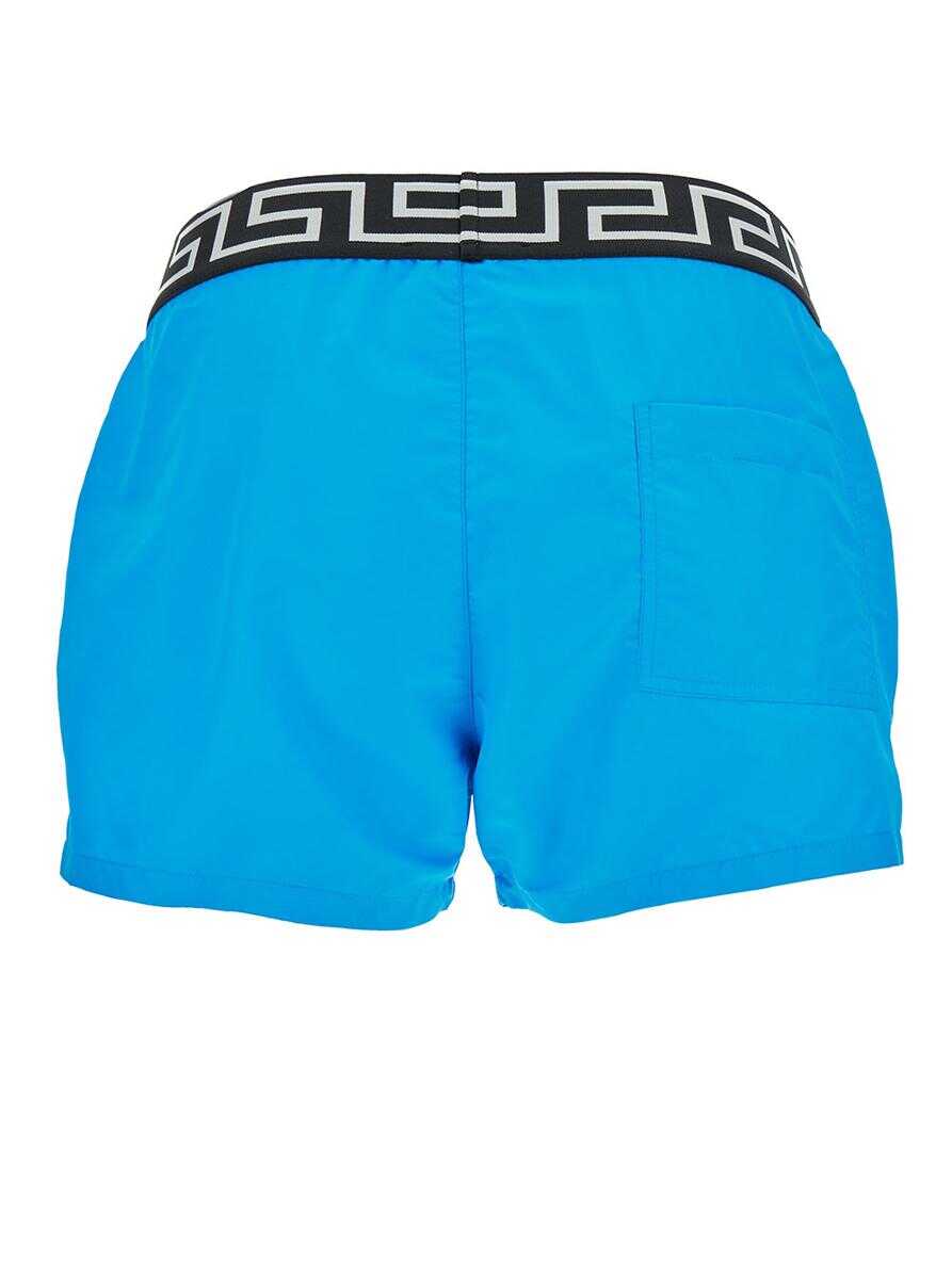 Versace Light Blue Swim Shorts with Greca Branded Band in Tech Fabric Man BLU