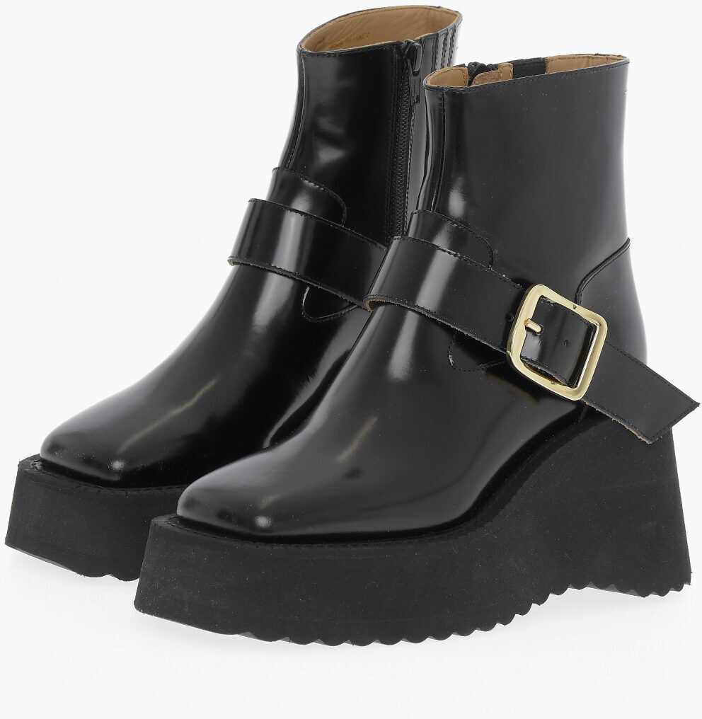 Maison Margiela Mm6 Patent Leather Ankle Boots With Golden Buckle And Wedge Black