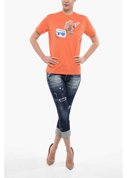 Tricouri DSQUARED2 Crew Neck Cotton T-Shirt With Patches Orange Femei (BM 13522730) 4