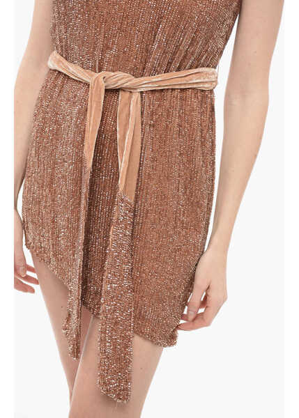 Rochii scurte RETROFTE Belted Sequined Ella One-Shoulder Dress Beige Femei (BM 13583192) 3