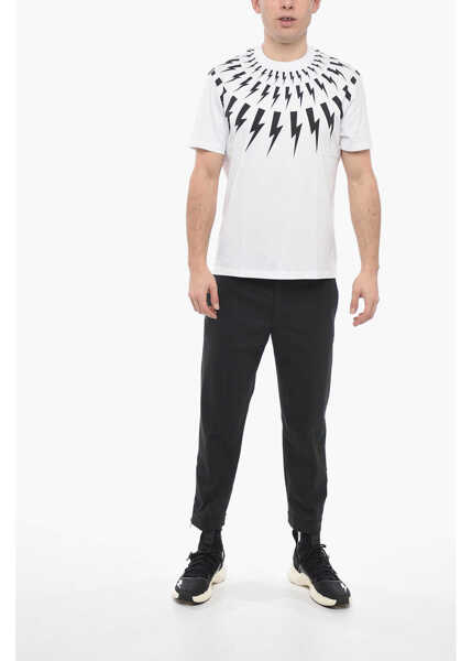 Tricouri Neil Barrett Slim Fit Fair-Isle Thunderbolt Crew-Neck T-Shirt White Barbati (BM 13623119) 4