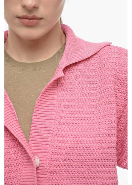 Cardigane ART ESSAY Cropped Cotton Knit Short Sleeved Cardigan Pink Femei (BM 13746317) 3