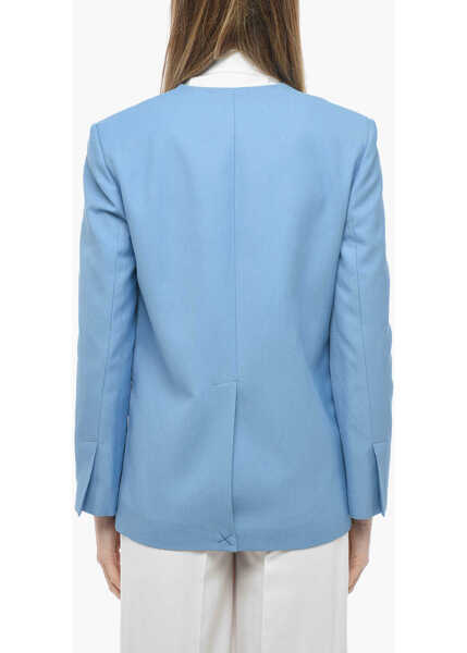 Sacouri Loulou Studio Double-Breasted Lapel-Less Flax Blend Blazer Light Blue Femei (BM 13797362) 2