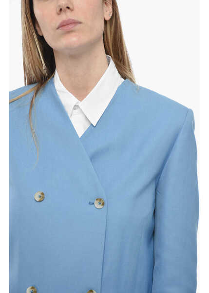 Sacouri Loulou Studio Double-Breasted Lapel-Less Flax Blend Blazer Light Blue Femei (BM 13797362) 3
