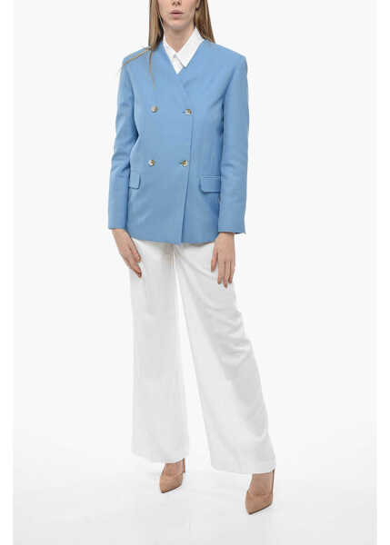 Sacouri Loulou Studio Double-Breasted Lapel-Less Flax Blend Blazer Light Blue Femei (BM 13797362) 4