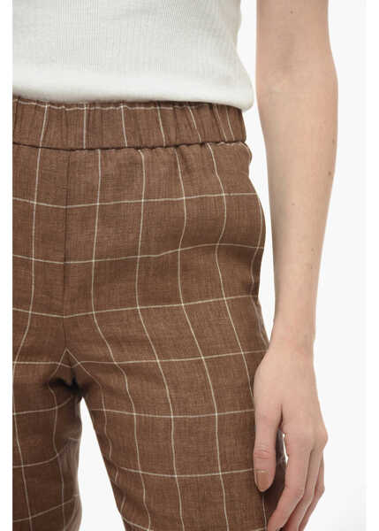 Pantaloni casual Peserico Windowpane Check Flax Pants With Elastic Waistband Brown Femei (BM 13997180) 3