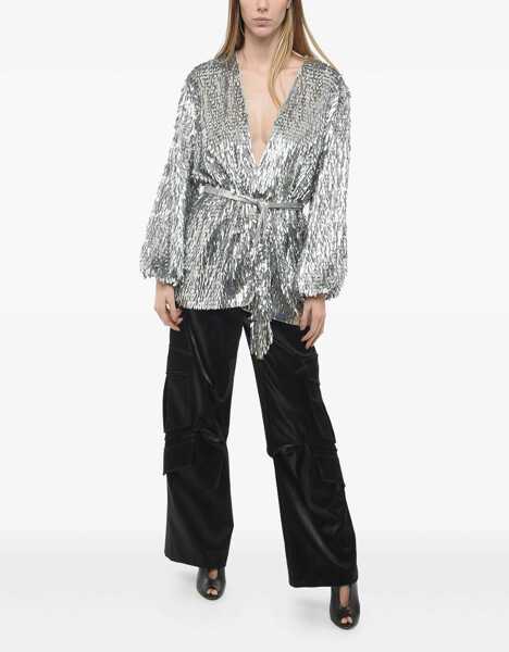 Rochii scurte RETROFTE Wrap Dress With Leave-Shaped Sequines All-Over Silver Femei (BM 13997192) 2