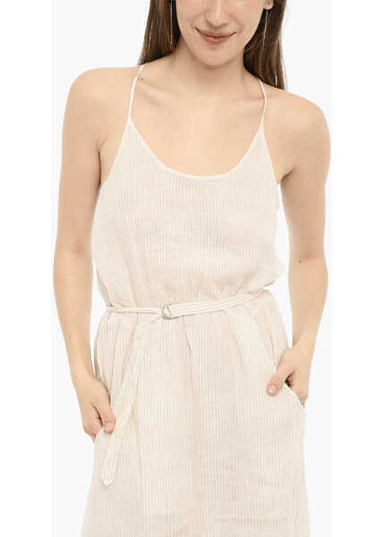 Rochii lungi Woolrich Awning Striped Linen Maxi Dress With Belt Beige Femei (BM 13998170) 3