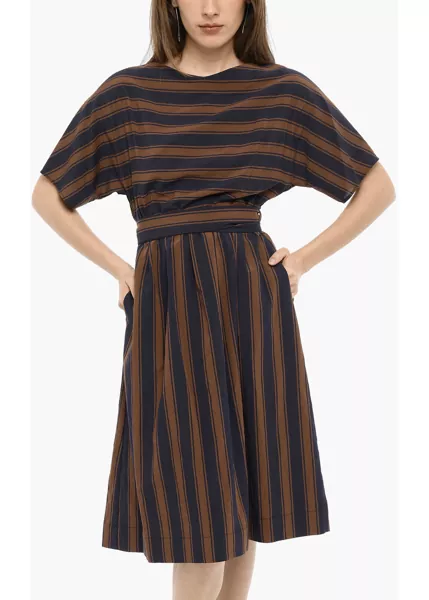 Rochii lungi Woolrich Bayadere Striped Scully Dress With Belt Blue Femei (BM 13998173) 4
