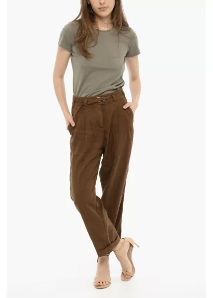 Pantaloni casual Woolrich Doluble Pleated Linen And Cotton Pants With Belt Brown Femei (BM 13998194) 4