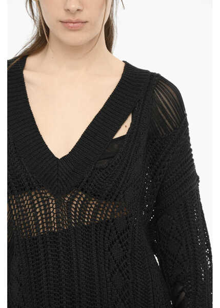 Pulovere RAMAEL Perforated V-Neck Maxi Sweater With Cut-Out Details Black Femei (BM 13998203) 3