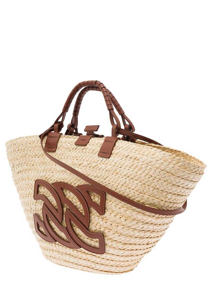 Genti de mana Casadei Panarea Brown Shopper With C-Chain Maxi Logo In Rafia And Leather Woman BROWN Femei (BM 14114543) 2