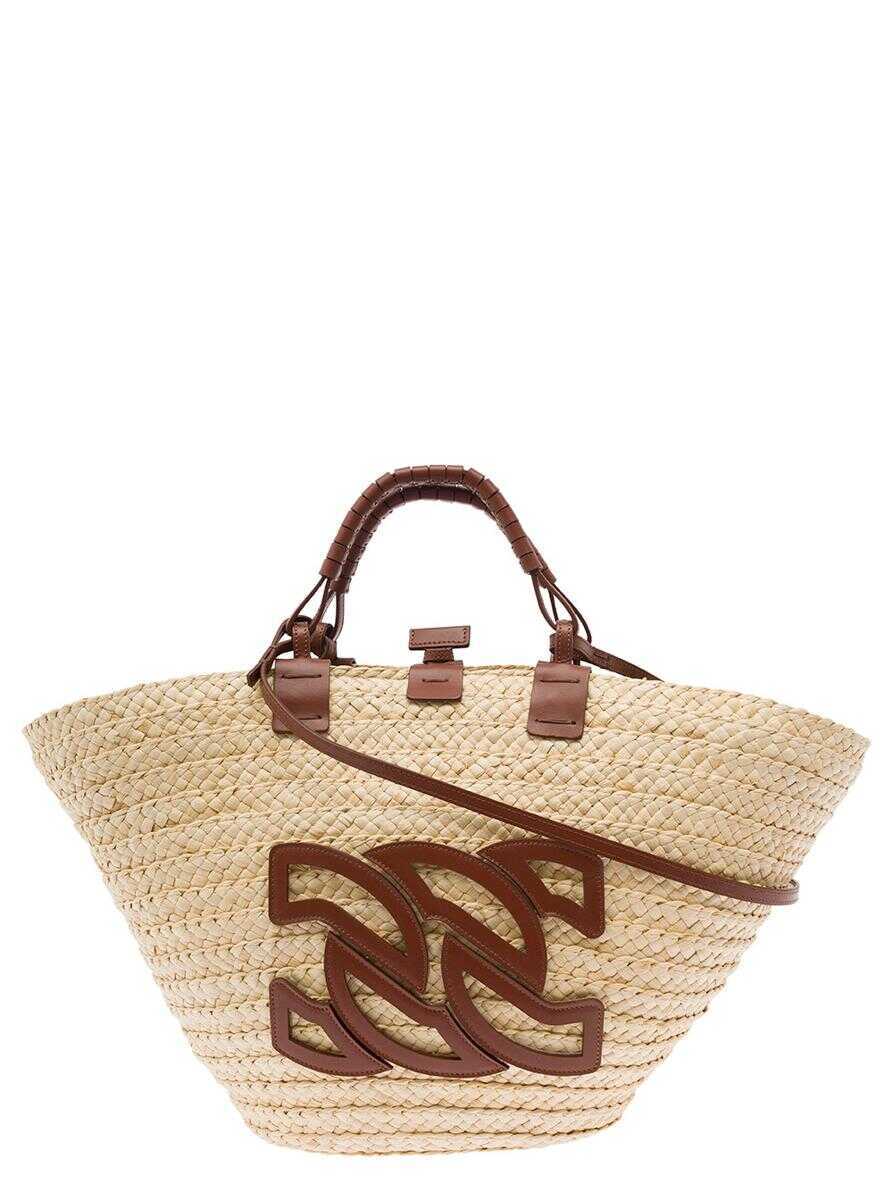 Genti de mana Casadei Panarea Brown Shopper With C-Chain Maxi Logo In Rafia And Leather Woman BROWN Femei (BM 14114543) 1