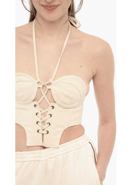 Bluze JULFER Solid Color Halterneck Crop Top With Lace-Up Detail Beige Femei (BM 14174633) 3