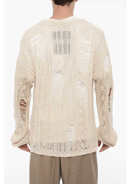 Pulovere RAMAEL Distressed Effect Perforated V-Neck Sweater Beige Barbati (BM 14357739) 2
