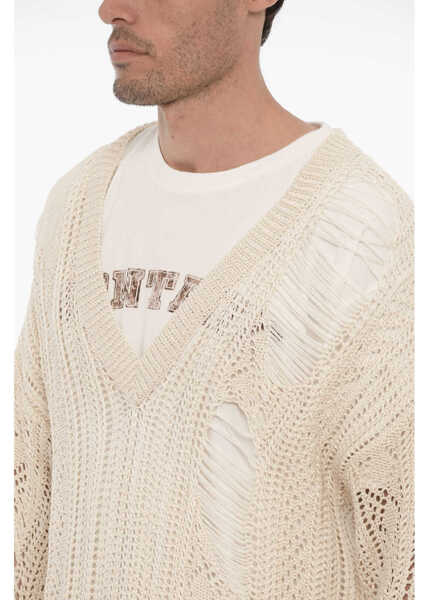 Pulovere RAMAEL Distressed Effect Perforated V-Neck Sweater Beige Barbati (BM 14357739) 3