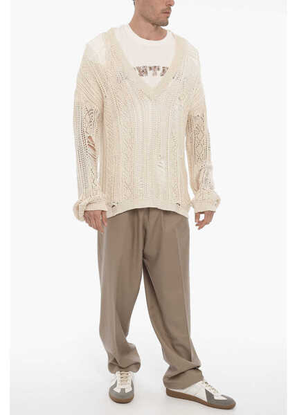 Pulovere RAMAEL Distressed Effect Perforated V-Neck Sweater Beige Barbati (BM 14357739) 4