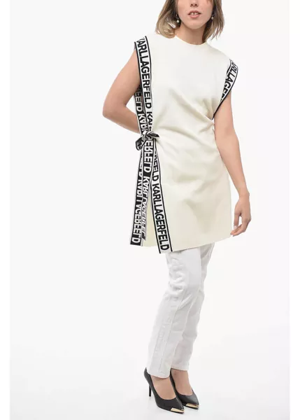 Rochii scurte Karl Lagerfeld Knitted Crew-Neck Tunic Dress With Logoed Belt White Femei (BM 14502848) 4