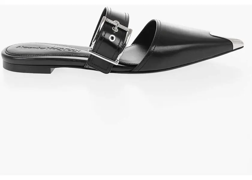 Papuci Alexander McQueen Leather Pointed-Toe Clogs With Buckle Black Femei (BM 14503139) 3