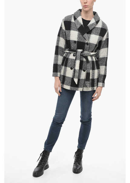 Paltoane Woolrich Archive Double-Breasted Plaid Check Coat Black & White Femei (BM 14794255) 4