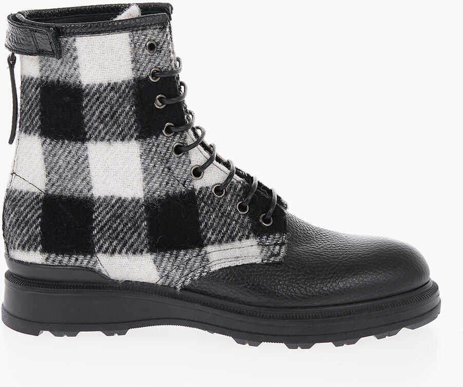 Botine Woolrich Buffalo Checked Wool And Textured Leather Combat Boots Black & White Femei (BM 14799850) 3