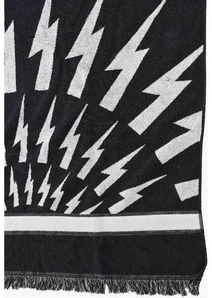 Prosoape de plaja Neil Barrett Cotton Fair-Isle Thunderbolt Beach Towel With Fringes Black Femei (BM 14800714) 2