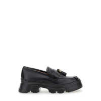 Mocasini Black Loafers With Tassel And Platform In Hammered Leather Woman Femei