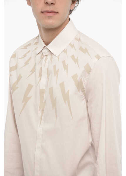 Camasi casual Neil Barrett Loose Fit Fairisle Thunderbolt Shirt Beige Barbati (BM 14908429) 3