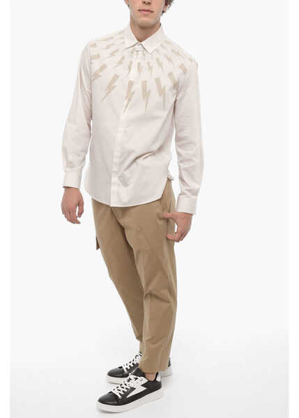 Camasi casual Neil Barrett Loose Fit Fairisle Thunderbolt Shirt Beige Barbati (BM 14908429) 4