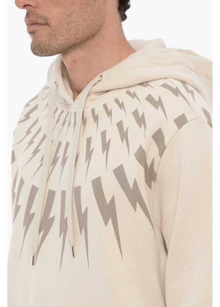 Bluze de trening Neil Barrett Fleeced Cotton Fairisle Thunderbolt Hoodie Beige Barbati (BM 14908432) 3