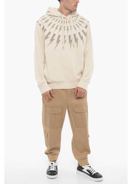 Bluze de trening Neil Barrett Fleeced Cotton Fairisle Thunderbolt Hoodie Beige Barbati (BM 14908432) 4