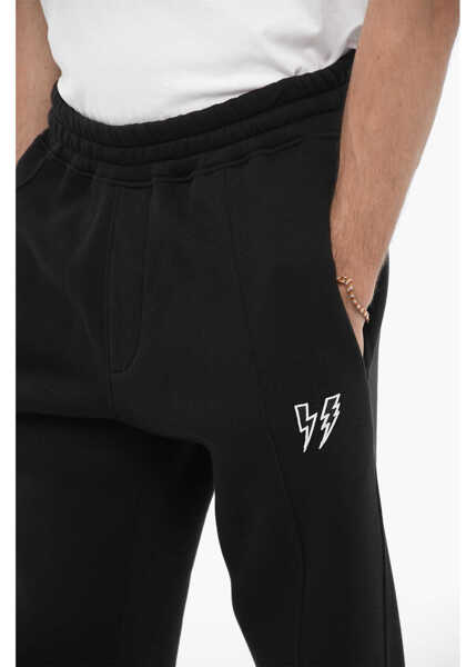 Pantaloni de trening Neil Barrett Fleeced Cotton Blend Loose Fit Joggers With Thunderbolts Emb Black Barbati (BM 14909347) 3