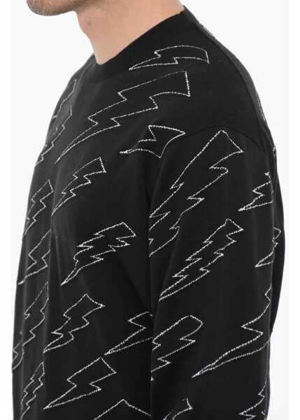 Pulovere Neil Barrett Lightweight Cotton Crew-Neck Sweater With Thunderbolts Embro Black Barbati (BM 14912335) 3