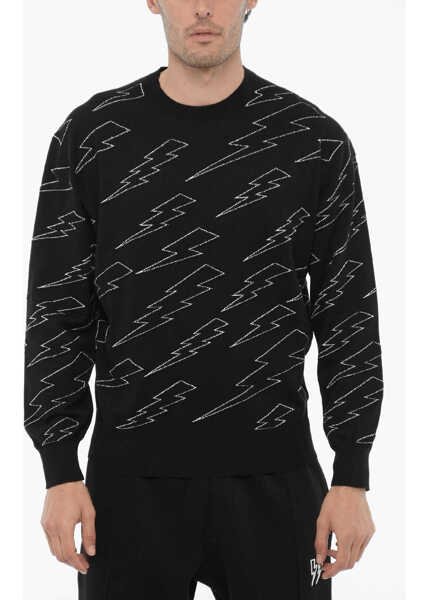 Pulovere Neil Barrett Lightweight Cotton Crew-Neck Sweater With Thunderbolts Embro Black Barbati (BM 14912335) 1