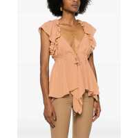Topuri Chloe Dama - Topuri Chloe Beige Top With Gatherings And V Neck In Silk Georgette Woman Beige Femei (BM 14960617) - B-mall.ro