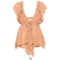 Topuri Beige Top With Gatherings And V Neck In Silk Georgette Woman Femei