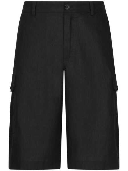 Pantaloni Dolce & Gabbana Black Bermuda Shorts With Logo Patch In Linen Man Black Barbati (BM 14964679) 1
