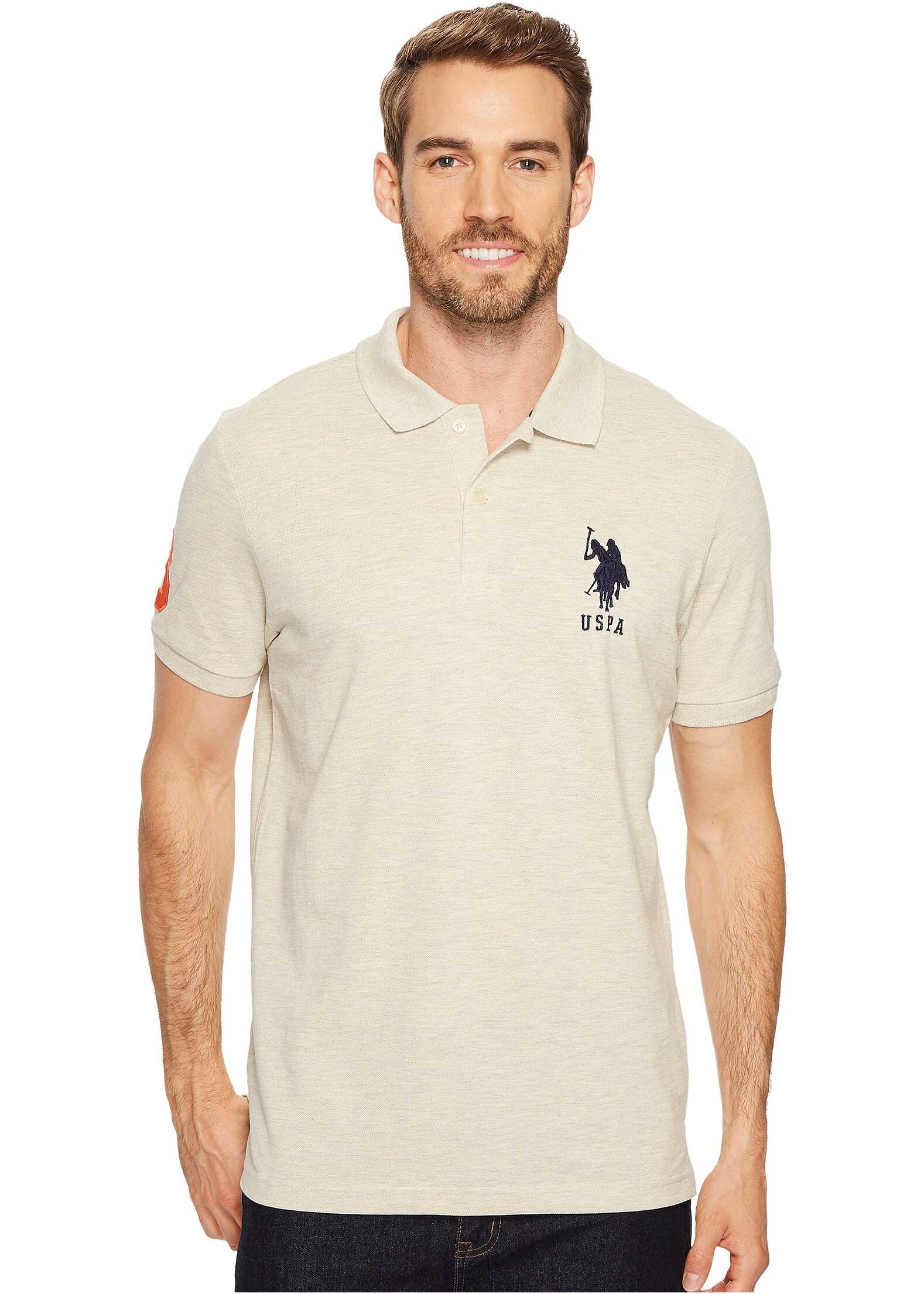 Tricou U.S. POLO ASSN. Solid Pique Polo Oatmeal Heather/Classic Navy
