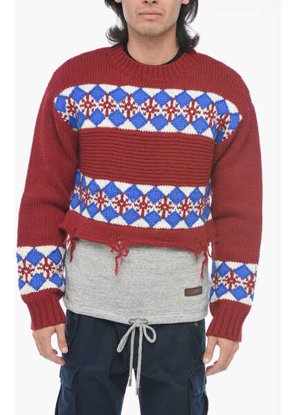 Pulovere DSQUARED2 Jacquard Hybrid Canadian Sweater With Distressed Detail Red Barbati (BM 15200782) 1