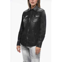 Camasi de blugi Distressed Denim Shirt With Paint Splatter Motif Femei