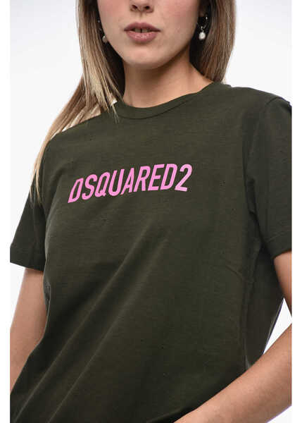 Tricouri DSQUARED2 Distressed T-Shirt With Logo Print Military Green Femei (BM 15231694) 3