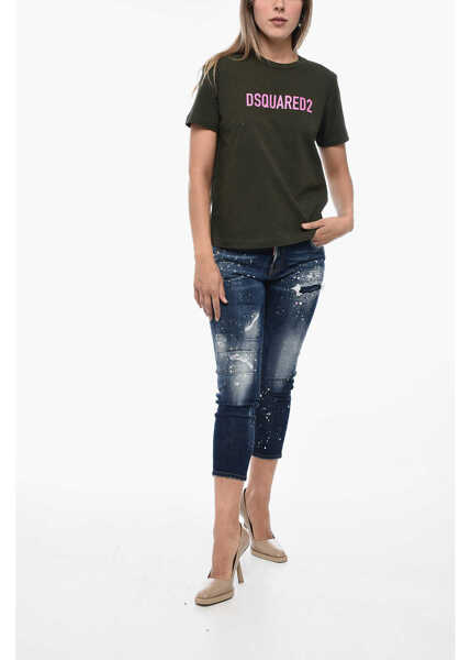 Tricouri DSQUARED2 Distressed T-Shirt With Logo Print Military Green Femei (BM 15231694) 4