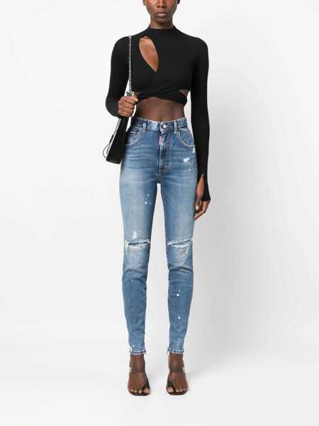 Blugi skinny DSQUARED2 High Waisted Twiggy Denims With Aci-Wash Effect 12Cm Blue Femei (BM 15231703) 2